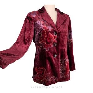 Floral Velvet Blazer Jacket 14P Red Purple Whimsigoth Romantic Coldwater Creek